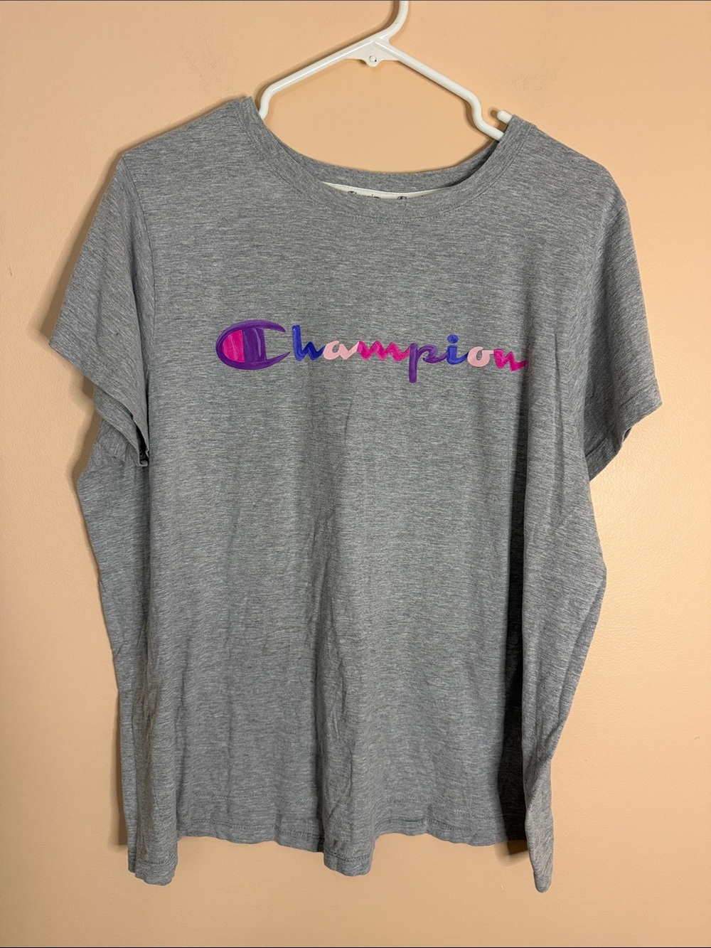 Champion Gray Tee with Pink and Purple Script Logo